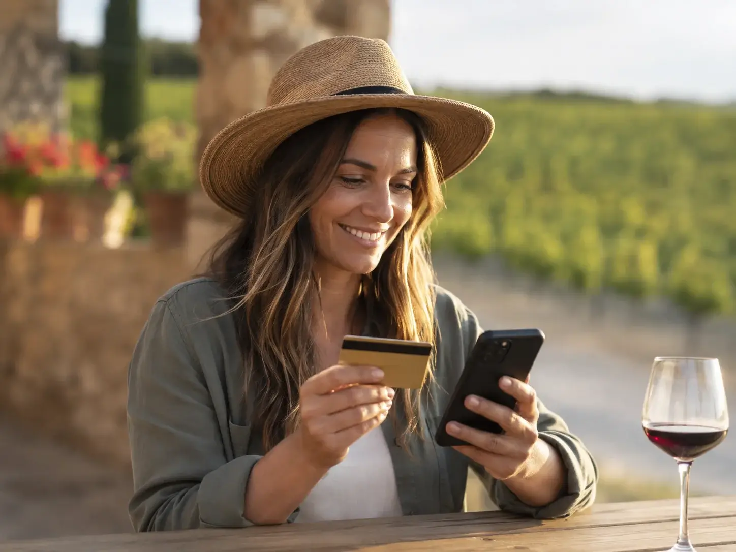 A traveller booking and paying for a wine tourism experience on their mobile phone.
